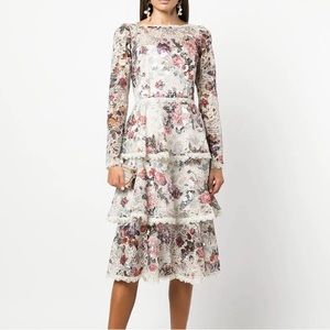 Marchesa Notte Flawed Floral Printed Tiered Midi Dress
